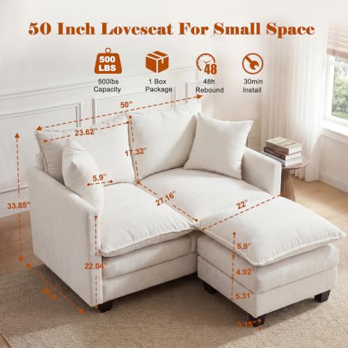50'' Loveseat Sofa Set with Ottoman, Small Couch Set 2 Piece Cloud Love Seat 27" Deep Seat Washable Pillows Couches for Small Spaces Apartment Living Room, Beige - color: Beige, size: 50"+50"L