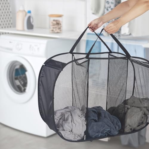 Seiritex Mesh Popup Laundry Hamper 3 Compartment Sortable Horizontal Collapsible Laundry Basket for Clothes Laundry Room Bedroom Toys Travel (Black) - color: Black 3-compartment