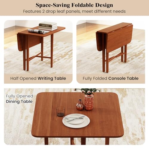 COSTWAY Square Drop Leaf Dining Table, 36" Compact Folding Kitchen Table | Solid Rubber Wood Legs, Farmhouse Extendable Table for for 2-4 People, Dining Room, Small Space, Apartment, Walnut - color: Walnut