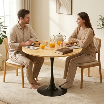 Small Round Dining Table 32" Tulip Table with Metal Pedestal, Wood | Tulip Table with Metal Pedestal & Thick MDF Top, Mid Century Small Bistro Table for Kitchen & Living Room - color: Natural Wood-b, size: 31.5"D x 31.5"W x 29.1"H