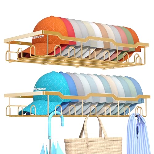 Hat Racks for Baseball Caps Wall - Metal Hat Organizer for 48 Baseball Caps Holder, 2 Pack Hat Storage Organizer for Closet, Bedroom, Living Room - color: Gold