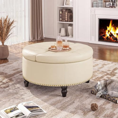 FiveWillowise 30 Inch Large Round Ottoman with Storage Circular,Cream White | Leather Coffee Table with Lift Top,Modern Upholstered Button Tufted Footrest Stool Solid Wood Legs for Living Room,Bedroom - color: Cream White