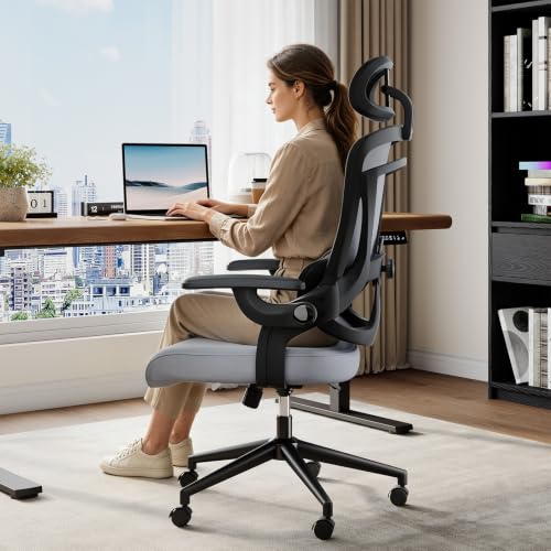 DUMOS Executive Home Office Chair, Ergonomic Computer Desk Chair, Mesh | 300 LBS, High Back, 2D Headrest, Adjustable Lumbar Support, Flip-up Armrests, Swivel Wheels, Gray - color: Grey
