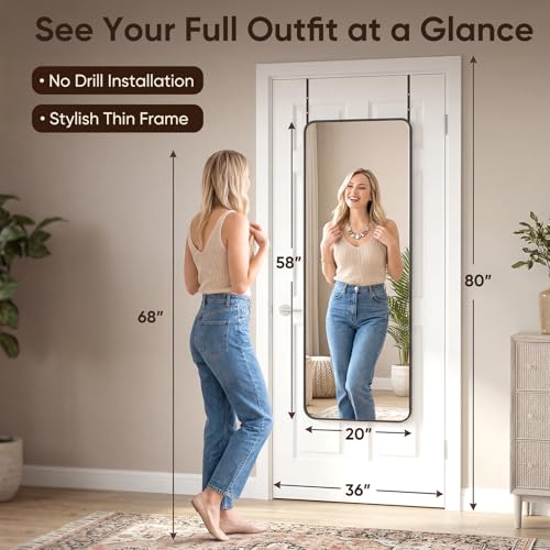 Antok 58"x20" Over the Door Mirror, Full Length Mirror Door Hanging with Aluminum Metal Frame, Rectangle Wall Mounted Body Mirrors for Bedroom, Dressing & Makeup Mirrors for Daily Outfit Check, Black - color: Black, size: 58"L x 20"W