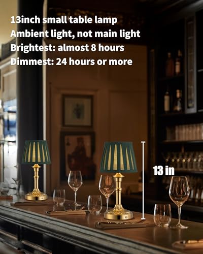 KDG Gold Cordless Table Lamps Set of 2, Green Fabric Shade Small Desk Lamp | Portables 4000mAh Battery Powered, LED Lighting, 2700K Stepless Dimmable, Light for Living Room, Dining Room, Bedroom - color: Gold + Green Lampshde (2 Pack)
