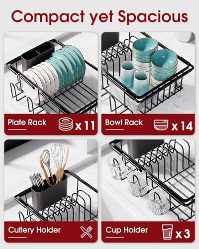 Sakugi Dish Drying Rack in Sink - Expandable Stainless Steel Dish Rack Over The Sink, Kitchen Sink Drain Strainer with Cutlery Holder & Cup Holders, 15.4 x 11.3 x 6.6 Inch, Black - color: Black, size: Large - 15.4" x 11.3" x 6.6"