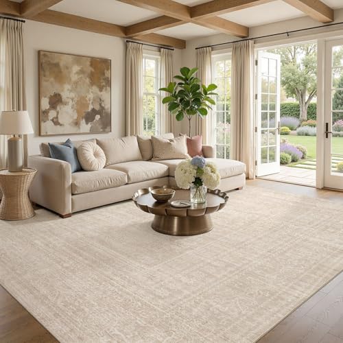 Nakagishi Neutral 8x10 Area Rugs for Living Room Washable, Beige | Pet & Kid Friendly, Non-Slip, Soft, Low-pile Carpet for Living Room/Bedroom/Dining Room/Nursery, Stain Resistant Vintage - color: Beige, size: 8' x 10' (Rectangular)