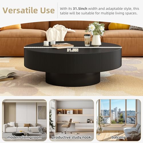 31.5" Black Round Coffee Table with 6.8" Thick Tabletop & Sturdy Base, Modern Drum Center Table Circle Accent Side Table for Living Room, Minimalist Fluted Design, Black - color: 31.5" Round Style 1, Black