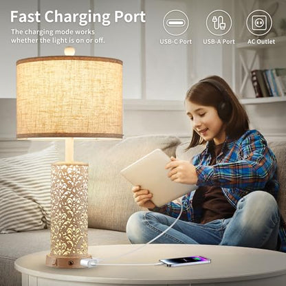 SAIWEYA 26" Set of 2 Farmhouse Table Lamp for Bedroom, Dimmable Touch | 3 Way Dimmable, 2 USB Ports + AC Outlet Bedside Lamp for Nightstand, LED Bulb Included, Fabric Shade, Flower Metal Body - color: White-26in