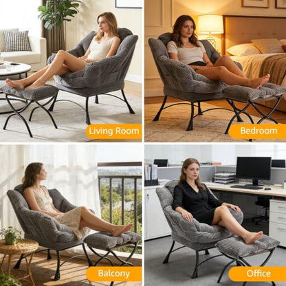 Lazy Chair with Ottoman, Modern Skinny Lounge Chair with Footrest | Foldable Footrest, Padded & Backrest with Side Pocket, Comfy Accent Reading Chair for Living Room & Small Spaces, Dark Gray - color: Dark Gray