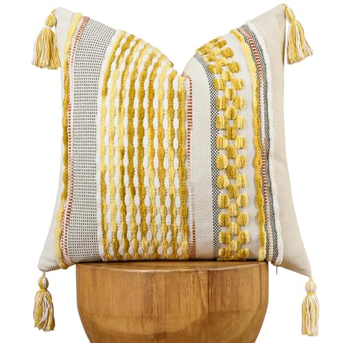 Chenille Striped Textured Boho Throw Pillow Covers Aesthetic with Tassels Woven Decorative Pillow Case for Couch Bed Sofa Bedroom Modern Funky 18 x 18-Inch Yellow - color: Yellow, size: 18" x 18" (Pack of 1)
