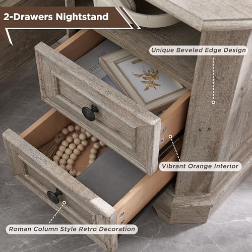 T4TREAM Farmhouse Nightstand with Charging Station, 18" End Table with 2 Drawers, Wood Side Table, Bedside Cabinet for Bedroom, Living Room (Light Rustic Oak) - color: Light Rustic Oak