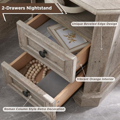 T4TREAM Farmhouse Nightstand with Charging Station, 18" End Table with 2 Drawers, Wood Side Table, Bedside Cabinet for Bedroom, Living Room (Light Rustic Oak) - color: Light Rustic Oak