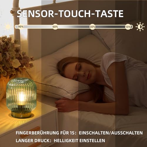 MJ PREMIER Rechargeable Table Lamp,Cordless Lamp with Memory Function,Green | Small Glass LED Lamp with Dimmable Brightness, Decorative Touch Lamps for Bedroom Living Room