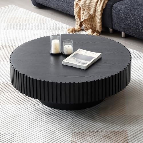39.37'' Black Round Coffee Table for Living Room, Modern Wood Nesting Coffee Table Handcraft Circle Fluted Drum Coffee Table, Easy Assembly - color: Black, size: 39.37"x23.62"x13.42"
