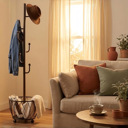 Black Moveable Cactus Metal Coat Rack with Basket Freestanding 65" | Modern Organizer for Scarf Jacket Hat Bags Ideal for Home Entryway Bedroom Corner Stable - color: black