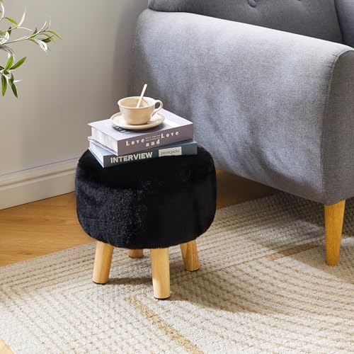 YMYNY Round Pouf Ottoman, 12.6" Small Foot Stool, Black HBD035B | Faux Fur, Wood Legs, Foot Rest for Couch, Modern Boho for Living Room Bedroom Office - color: Black