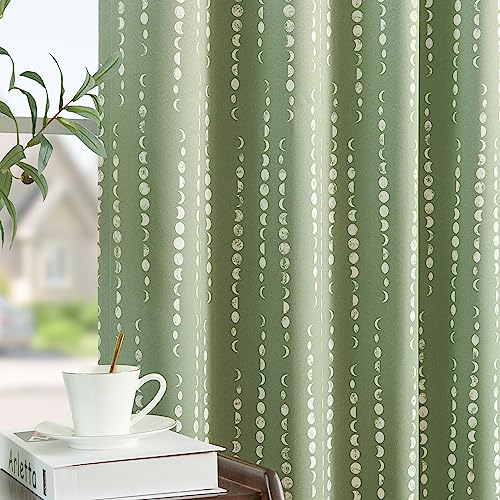 jinchan Boho Blackout Curtains 63 Inch Length Moon Phase Printed Drapes | Sage Green Farmhouse Curtain for Bedroom Living Room Back Tab Drapes Room Darkening Window Treatment 2 Panels - color: Luna | Sage Green, size: 52"W x 63"L (Pack of 2)