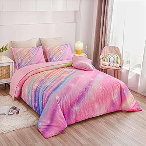 Btargot 6 Pieces Pink Gradient Star Ring Comforter Set for Boys Girls Teens, Twin Size Colorful Glitter Rainbow Star Galaxy Bedding Set - color: Pink, size: Twin