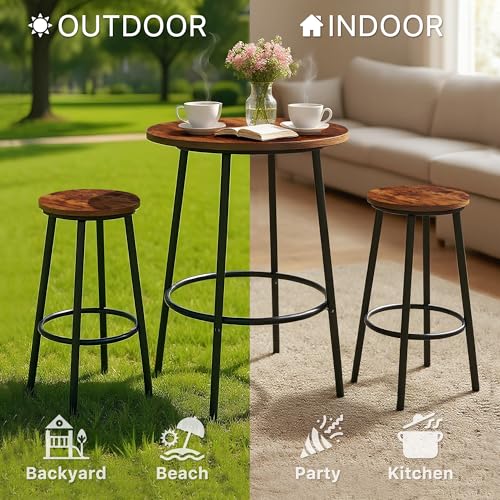 SUPER DEAL Round Pub Dining Set, 3 Piece Small Kitchen Table Set with 2 Counter Height Wood Bar Stools for Kitchen Breakfast, Living Room, Small Space, Rustic Brown