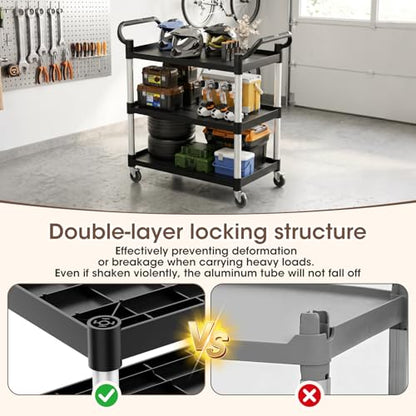 Plastic Utility Carts with Wheels, 3-Tier Rolling Cart with 4 Lockable Wheels, Heavy Duty 600 LBS Capacity Food Service Cart (Does Not Contain Recycled Plastic),19.3" D x 38.5" W x 39.5" H - size: Large