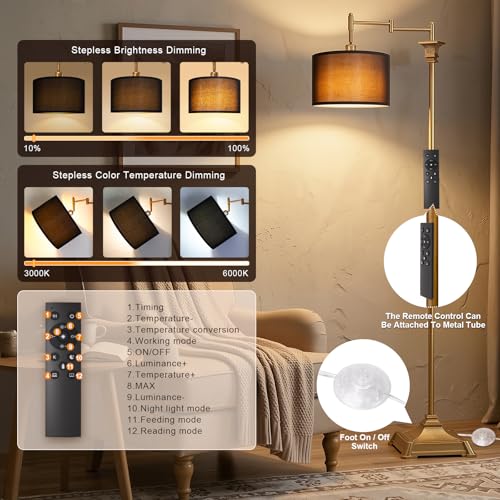 Scenekoy 68” Floor Lamp with Remote for Living Room Bedroom, Antique Gold | 350ºAdjustable Swing Arm Standing Lamp, Stepless Brightness, Black Shade, Decor for Reading House Home Office, Bulb Included - style: Antique Gold