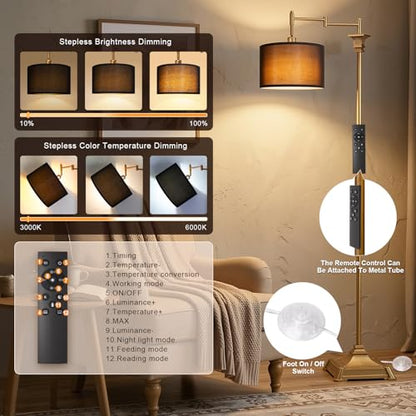 Scenekoy 68” Floor Lamp with Remote for Living Room Bedroom, Antique Gold | 350ºAdjustable Swing Arm Standing Lamp, Stepless Brightness, Black Shade, Decor for Reading House Home Office, Bulb Included - style: Antique Gold