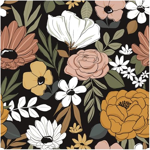 HAOKHOME Floral Peel and Stick Wallpaper Black Bontanical 17.7in x 32.8ft | Vintage Daisy Leaf Textured Removable Waterproof Renter Friendly Stick on Wall Paper Moody Sand Olive Bathroom Powder Room - color: Black/Sand/Oliva, size: L：17.7in x 32.8ft