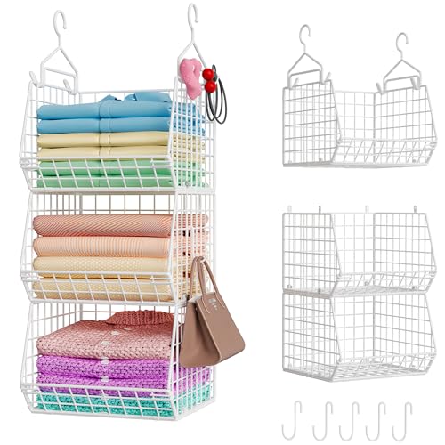 X-cosrack 3 Tier Foldable Closet Organizer, Clothes Shelves with 5 S Hooks, Wall Mount&Cabinet Wire Storage Basket Bins, for Clothing Sweaters Shoes Handbags Clutches Accessories-White Patent Design - color: White, size: 3-Tier
