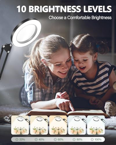 TANYO 10X Magnifying Glass with Light, 3 Color Mode, Hands Free | Real Glass Lens, Dimmable LED Light, C-Clamp, Flexible Desk Magnifier for Jewelry Sewing Crafts Embroidery Repair