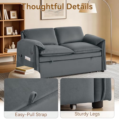 63" 3-in-1 Velvet Convertible Sleeper Sofa Bed, Modern Adjustable Backrest Loveseat Pull Out Couch with USB & Side Pocket, Small Space Love Seat Sofa Bed for Living Room, Bedroom, Grey Velvet - color: Grey