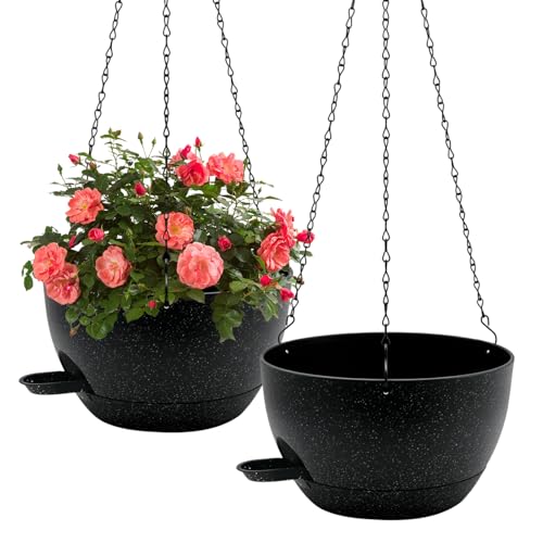 WOUSIWER Self Watering Hanging Planters, 2 Pack 10'' Plastic Pots with Drainage Holes & Reservoir Tray (Speckled Black) | Indoor & Outdoor Use for Ferns, Ivy, Herbs, Succulents - color: Black Speckled, size: 2 Pack 10 inches