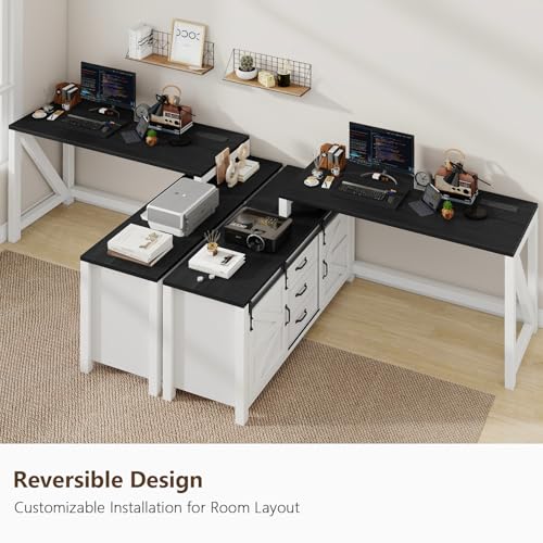 L Shaped Desk With Drawers, Farmhouse Executive Wood Home Office With Power Outlet, Rustic Reversible Computer With Storage Cabinet, Double Sliding Barn Door and Adjustable Shelves