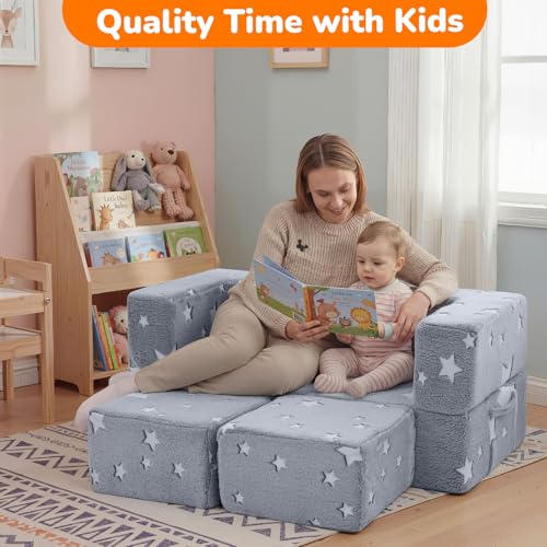 MeMoreCool Glow in Dark Star Kids Couch, Fold Out Foam Play Sofa, Grey | Glow in dark star kids couch, grey foam sofa folds out for playroom fort building play - color: Stars
