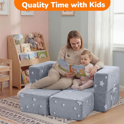MeMoreCool Glow in Dark Star Kids Couch, Fold Out Foam Play Sofa, Grey | Glow in dark star kids couch, grey foam sofa folds out for playroom fort building play - color: Stars