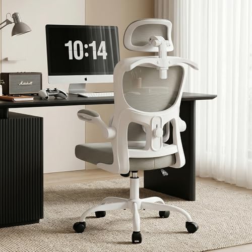 Ergonomic Office Chair, Desk Chair with Adjustable Lumbar Support | High Back Breathable Mesh Computer Chair with Adjustable Headrest,Hanger,Flip Up Armrest and Rocking Function for Home Office - color: Grey
