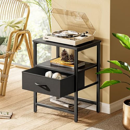 Huuger Night Stand with Fabric Drawer, Side Table with Mesh Shelf, Bedroom Nightstand, Fabric Drawer Dresser, Open Shelf, Metal Frame, Couch Side, Black | Bedroom Nightstand, Fabric Drawer Dresser, Open Shelf, Metal Frame, Couch Side, Black - color: Black