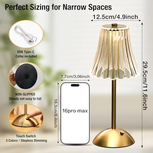 Gold Rechargeable Table Lamp [2 Pack], Cordless Touch LED Bedside Lamp with 3 Color Modes, USB Dimmable