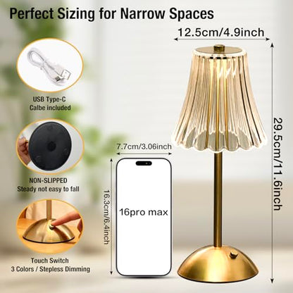 Gold Rechargeable Table Lamp [2 Pack], Cordless Touch LED Bedside Lamp with 3 Color Modes, USB Dimmable