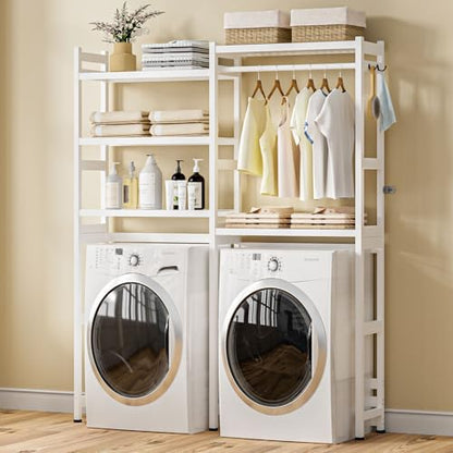 Cozivolife Over The Washer Dryer Storage Shelf: Bamboo 5 Tiers (White) | Laundry Room Drying Rack with Adjustable Shelves and 4 Hooks - Space Saver Organizer for Hanging Clothes and Towels - color: White
