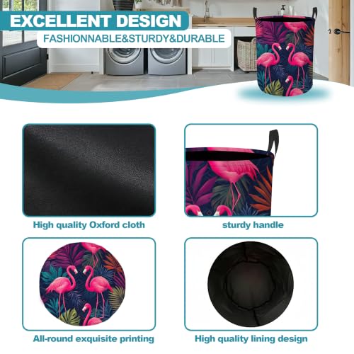 Pink Flamingo Collapsible Laundry Hamper,Tropical Palm Leaves Waterproof Oxford Cloth Clothes Basket with Handles for Bathroom Bedroom Nursery Dorm Room,16" x 20" - color: Pink Flamingo,Tropical Palm Leaves