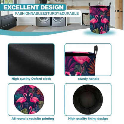 Pink Flamingo Collapsible Laundry Hamper,Tropical Palm Leaves Waterproof Oxford Cloth Clothes Basket with Handles for Bathroom Bedroom Nursery Dorm Room,16" x 20" - color: Pink Flamingo,Tropical Palm Leaves