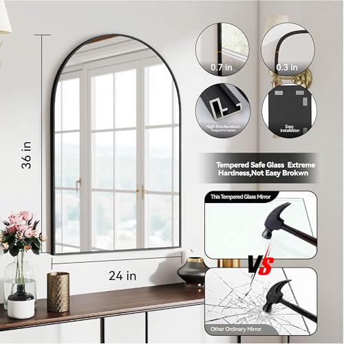 SCWF-GZ 36x24 Arch Mirror Rectangle Full Length Wall Mounted Hanging or Against Wall Metal Aluminium Alloy Frame Dressing Make-up Mirrors for Entryway Bedroom Bathroom Living Room 36 24 inch Black | HD Crystal Clear No distortion Tempered Glass,Make-Up Va