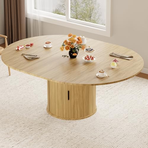 Dining Table for 4-6,59“Extendable Round Dining Room Kitchen Table with Storage,Round Table for Living Room,Fluted Wood Table with Slide Door,Expandable Oval Dinner Furniture with Pedestal Base,Oak - color: Oak With Storage, size: 59 Inch
