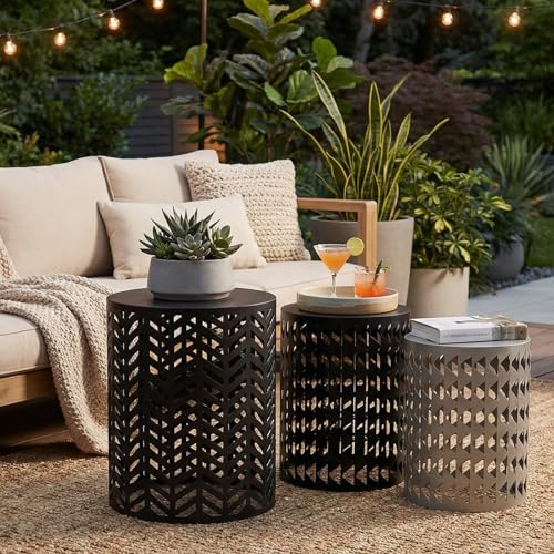 Round Coffee End Tables Set of 3 for Home Office Indoor Garden Outdoor | ZOMEYLPO Multifunctional Nesting Outdoor Side Table,Modern Furniture Nightstands Decor Side Tables Stand Metal Black Gray