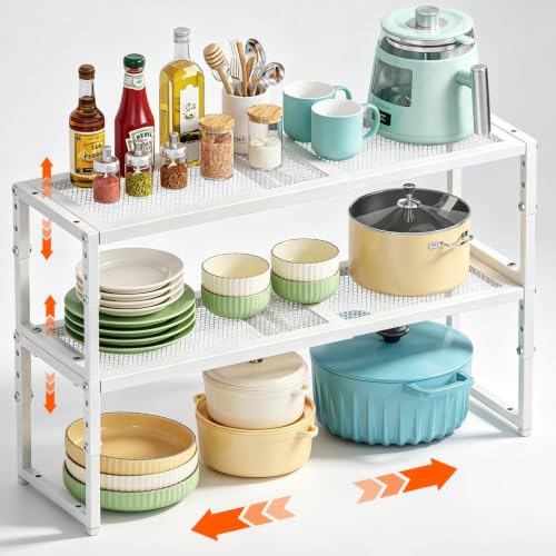 2 Pack Expandable Cabinet Shelf Organizer, Adjustable Kitchen Countertop Metal Storage Shelves Organizers, Stackable Kitchen Counter Pantry Cupboard Storage Rack, 30LBS Load Capacity,15.5"-25.5" Long - color: White