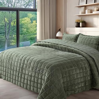 Velvet Quilt Queen Size, Luxury Soft Bedding Set, Lightweight Cozy Warm Quilted 3-Piece Velvet Coverlet Bedspread Set with 2 Pillow Shams for All Season, Green - color: Green, size: Full/Queen(90"x98")
