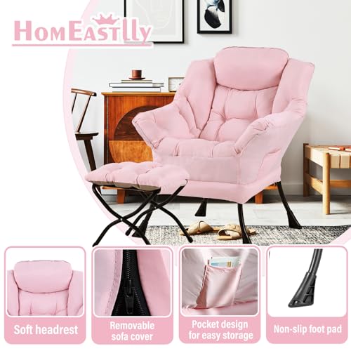 Lazy Chair with Ottoman, Soft Comfy Chair for Bedroom, Pink | Reading Accent Lounge Chair with folding Foot Stool for Living Room Dorm Apartment, sturdy metal frame - color: Pink