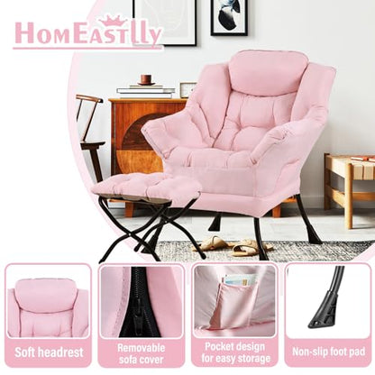 Lazy Chair with Ottoman, Soft Comfy Chair for Bedroom, Pink | Reading Accent Lounge Chair with folding Foot Stool for Living Room Dorm Apartment, sturdy metal frame - color: Pink
