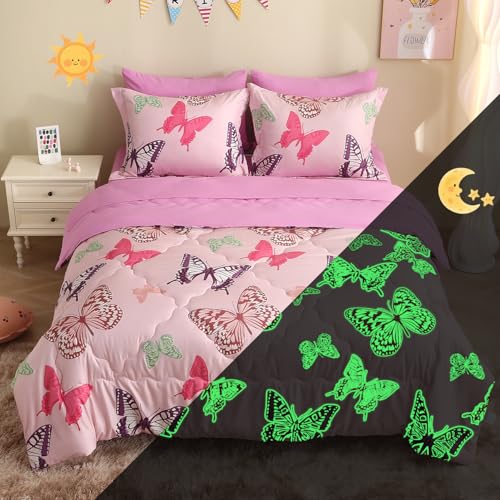 Pink Girls Butterfly Bedding Set Twin Size 7 Piece Glow in The Dark Butterfly Comforter with Sheets & Pillowcases Soft Microfiber Bed in A Bag for Kids Teens All Season - color: Glow Butterfly, size: Twin